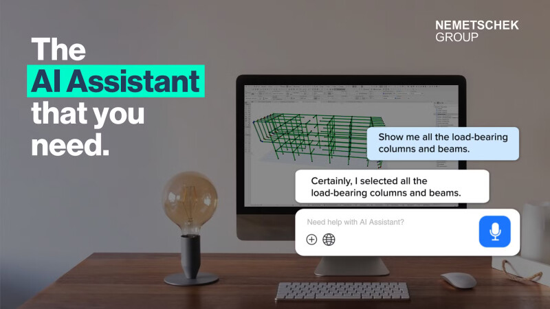 Computer overlaid with text showing chat example with the new AI assistant