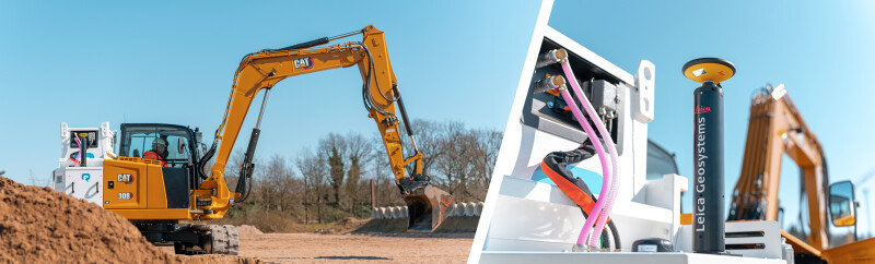 The new excavator on the left of a split-screen image, with a close-up on the technology from both companies on the right.