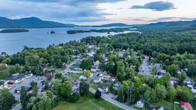 Sunny afternoon summer aerial image of the area surrounding Bolton Landing, NY, USA and Lake George.