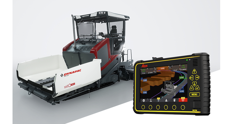 Dynapac paver next to tablet showing Leica's virtual representation of a paving operation