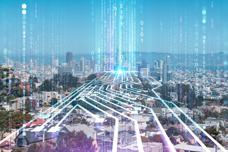 Panoramic view of San Francisco skyline, daytime from hill side. Financial District, residential neighborhood. Artificial Intelligence concept, hologram. AI, machine learning, neural network, robotics