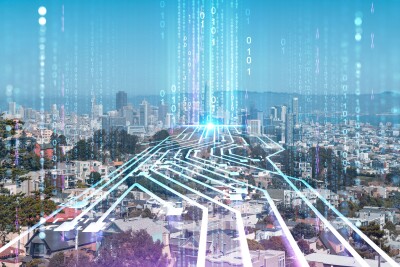 Panoramic view of San Francisco skyline, daytime from hill side. Financial District, residential neighborhood. Artificial Intelligence concept, hologram. AI, machine learning, neural network, robotics