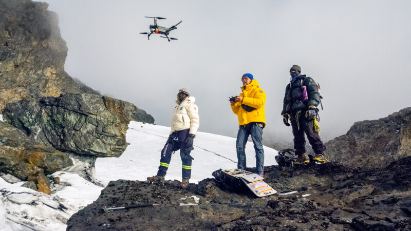 Klaus Thymann and other members of the project team fly a drone to collect imagery for the 3D maps.