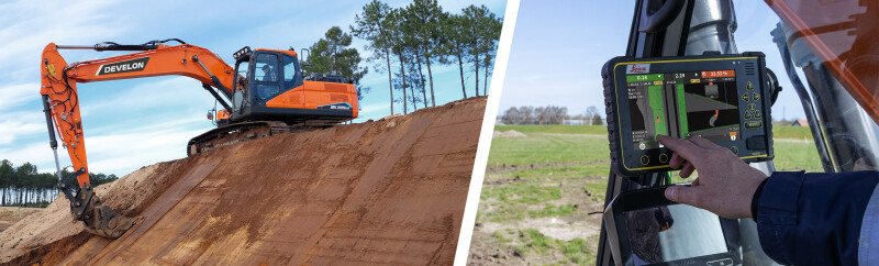 On the left, an excavator. On the right, a tablet showing the virtual representation of the dig site.