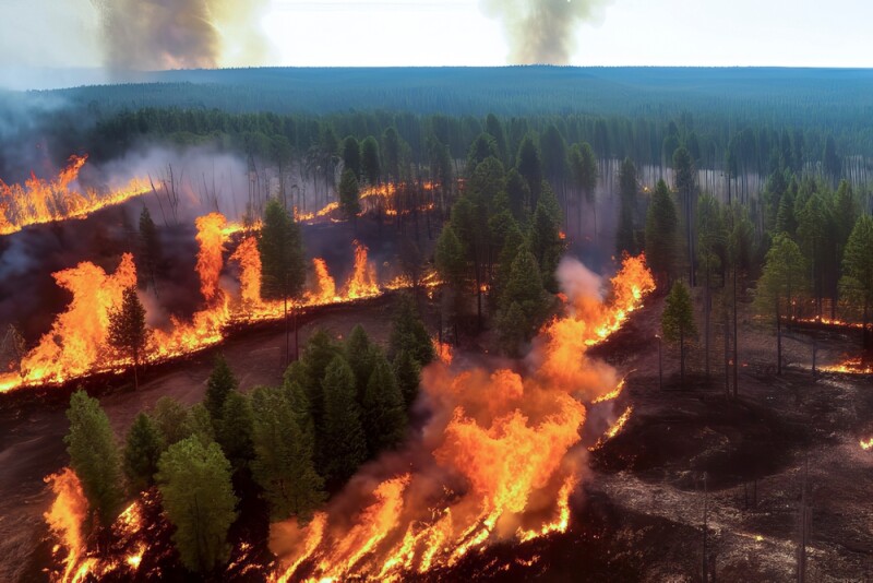 Natural Disasters, aerial view of bushfires destroying large forest areas