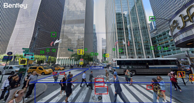 An example of how Bentley’s Blyncsy technology can be used with Google Street View imagery to detect roadway issues and assets, from potholes and crosswalk paint condition to street signs and traffic lights.