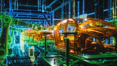 Autonomous Factory Operation with Advanced Robotic Hands Building Cars. Computer Vision and Digital Twin Technologies. Industrial Automation of Future Green Energy ESG Vehicle Production