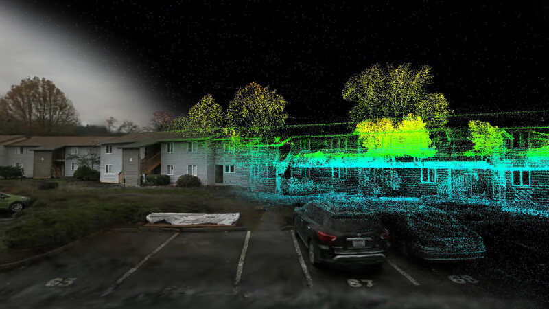 Image of apartment parking lot that, left to right, changes from image to point cloud.