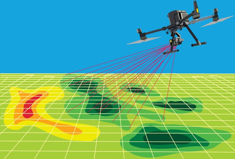Mapping drone with Lidar system and the result of map with contour and coloring thermal isolated