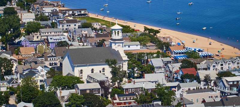 Aerial view of a coastal Massachusetts town