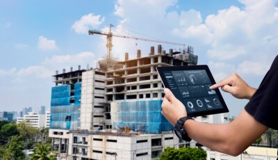 Hands using digital tablet with Construction Management Software on blurred construction site as background