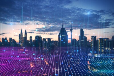 Creative glowing purple night city backdrop with digital data lines all over. Smart city, VR, AI and innovation concept.