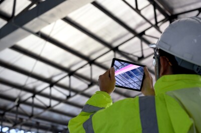 Construction Civil Engineer use technology software through tablets to scan building construction and inspection to show augmented reality in work