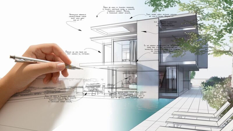 3D rendering of the architecture design process from hand draft to project realization