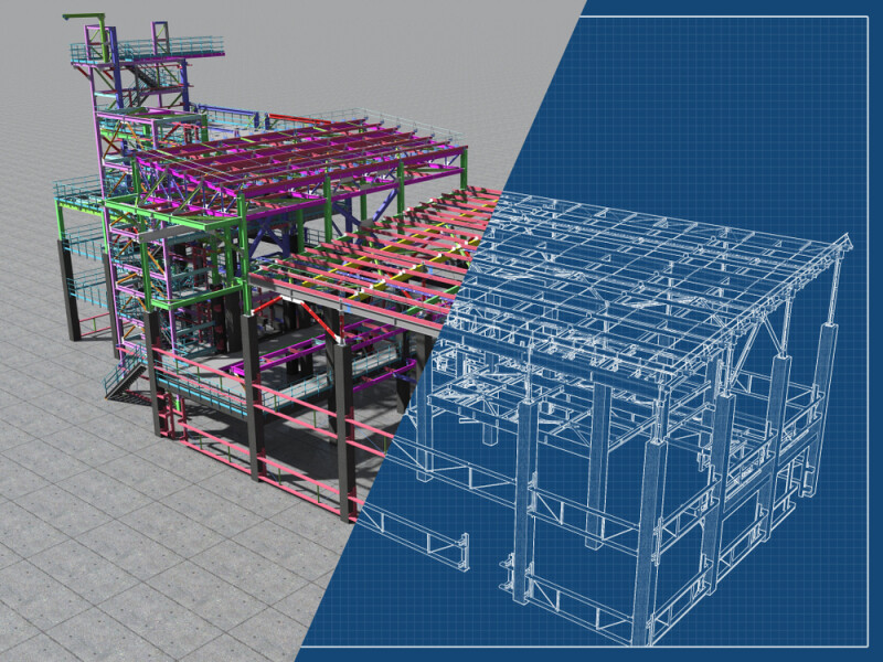 BIM model of a building made of metal construction, metal structure. 3D architectural, construction, industrial and engineering background. 3D rendering.