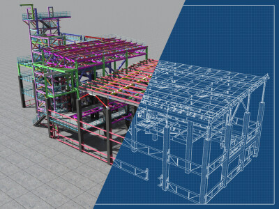 BIM model of a building made of metal construction, metal structure. 3D architectural, construction, industrial and engineering background. 3D rendering.