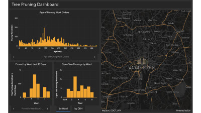 ArcGIS dashboard showing tree pruning work across Washington D.C.