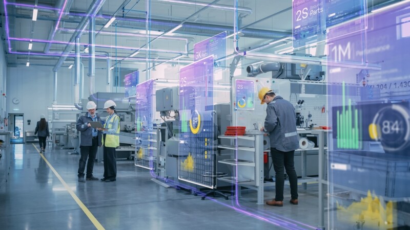 Factory Digitalization: Two Industrial Engineers Use Tablet Computer, Big Data Statistics Visualization, Optimization of High-Tech Electronics Facility.