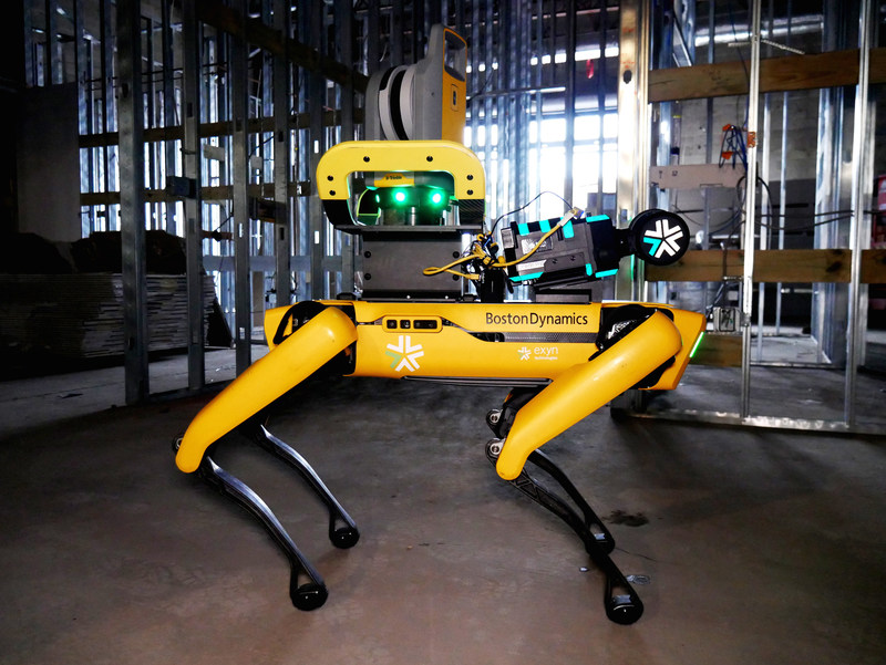 Boston Dynamic's Spot robot equipped with Trimble X7 scanner and ExynPak scanner.