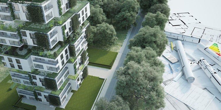 3D rendering of a sustainable modern apartment building with blueprints, energy efficiency charts
