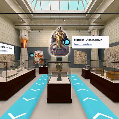 ARway AR experience within a museum setting, showing directions and the ability to get more information about an exhibit.