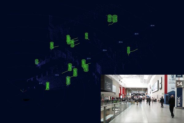 Screenshot of lidar perception in a crowded space, compared with an image of the same space.