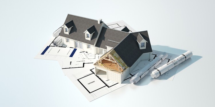 3D rendering of a classical house with an unfinished part on top of blueprints