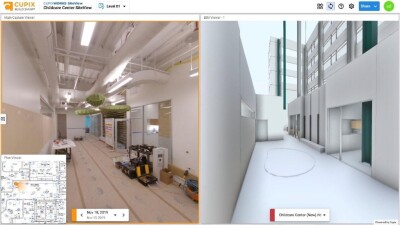 Screenshot of CupixWorks' SiteView of a childcare center, with reality capture on the left and the BIM model on the right.