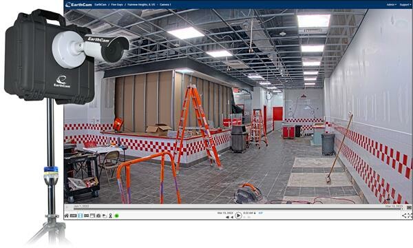 EarthCam's IoT StreamCam 4K camera next to feed of in-progress construction at a Five Guys restaurant.