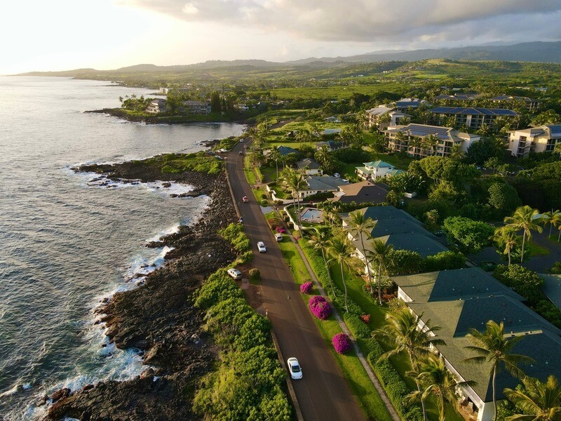 Aerial shot of Kaua'i coastline.