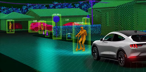 Autonomous vehicle using lidar to perceive pedestrian crossing the street.