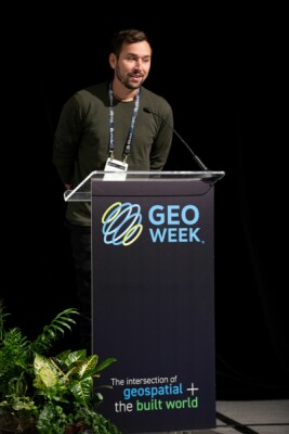 Nicolas Morency giving a Product Preview presentation at Geo Week 2023
