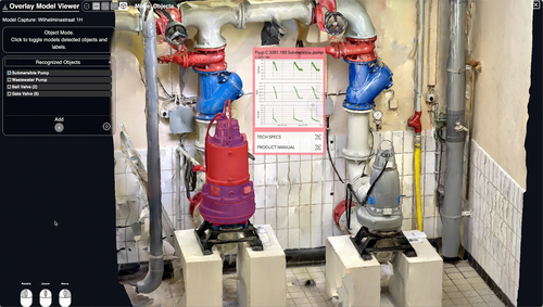 Model of a water pump station with Asset Vision identifying an asset along with real-time IoT data from that asset.