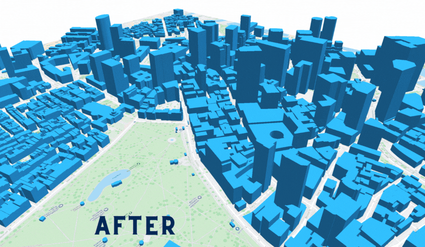 Dataset from Overture Maps Foundation release showing building heights in 3D throughout a city.