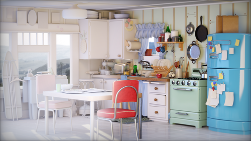 Image of iconic OpenUSD scene “the Pixar kitchen” from clay render (left) to full-render (right). 