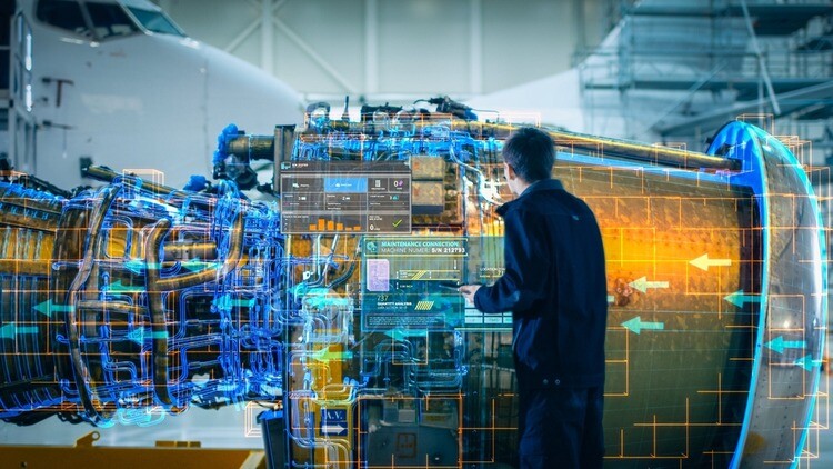 High-Tech Futuristic Technology Concept: Visualization Of Futuristic Airplane Engine Maintenance Conducted by Engineer Holding Digital Tablet Computer. VFX of Analytics Checking of Plane Turbine.