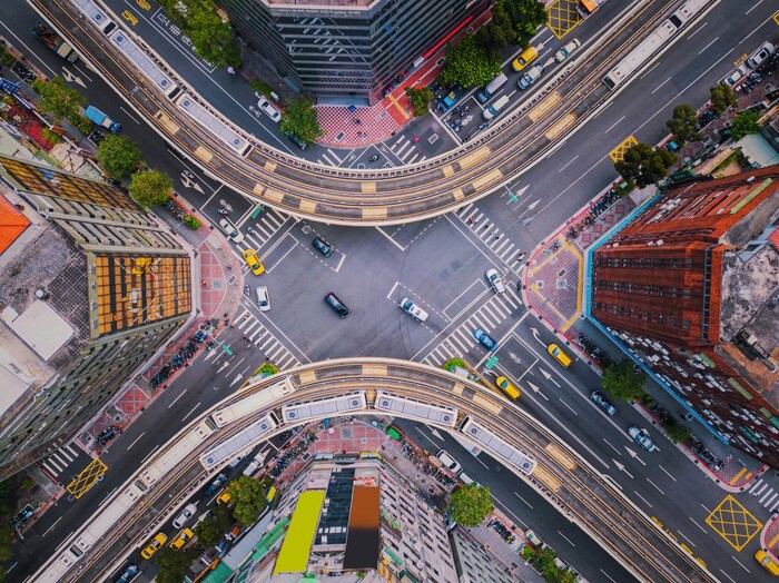 Aerial view of busy intersection