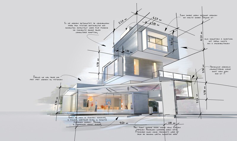 Architecture project showing different design phases, from rough sketch, construction specifications to realistic 3D rendering. The writing is dummy text with no translation.
