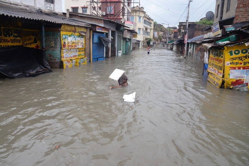 View of water log street of Kalighat during cyclone Yaas on May 26,2021 in calcutta, india.