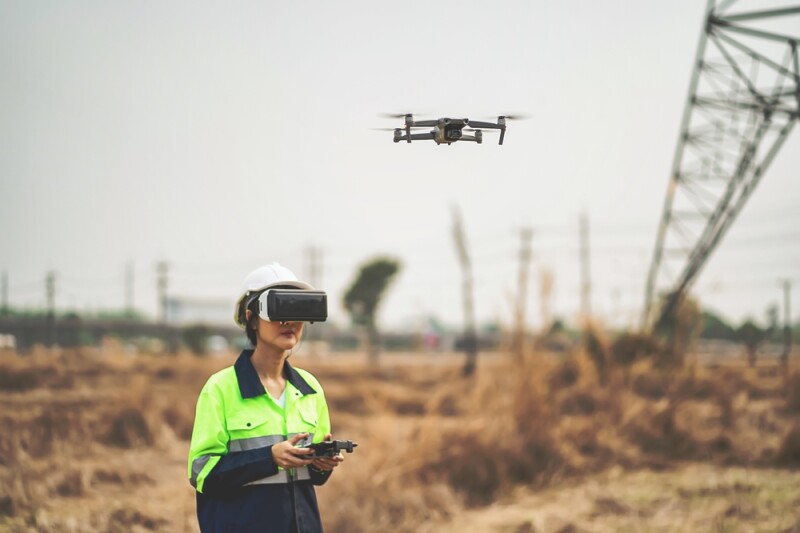 Woman wearing headset flying a drone.