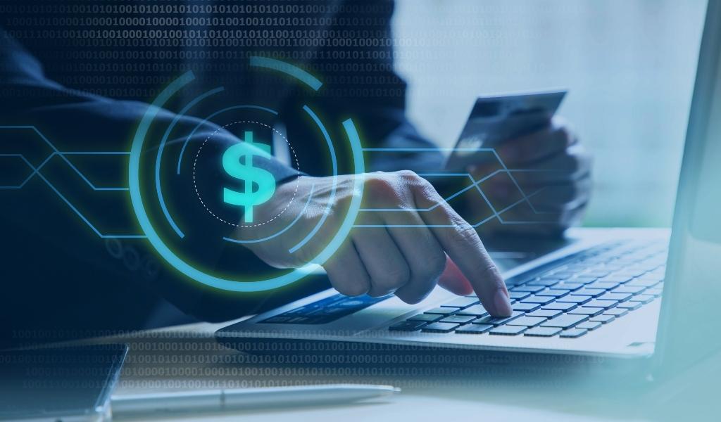 Person inputting credit card information into computer with a dollar sign symbol overlaid.
