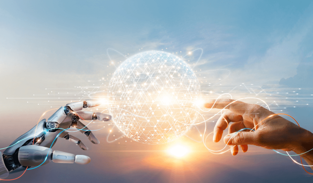 robot and human hand touching a globe in front of a sunrise