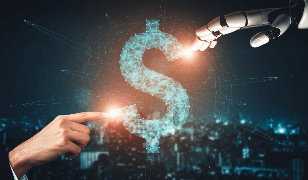 Robot and human hand touching a digital dollar sign on opposite sides