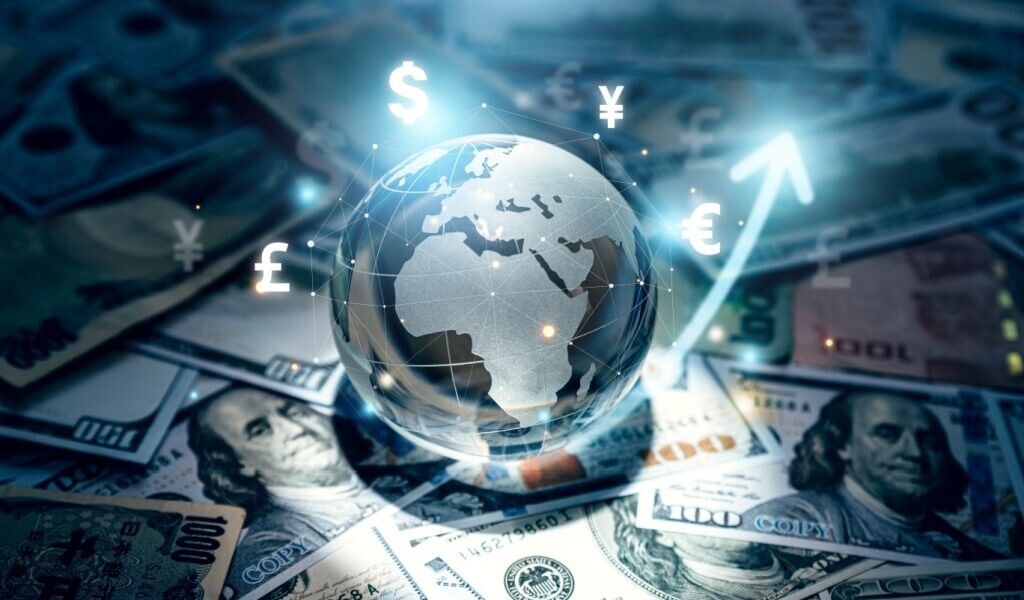 Crystal globe with cash underneath and neon money signs orbiting the crystal globe