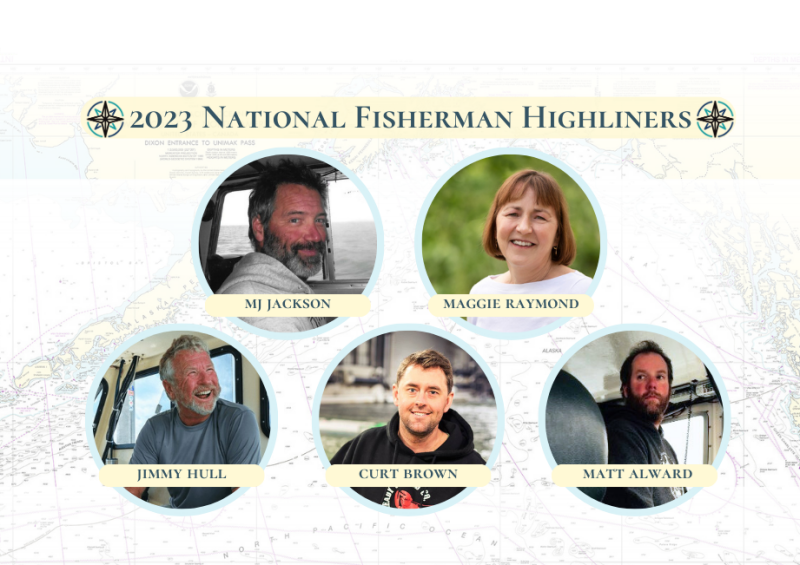 2023 National Fisherman Highliners- top from left to right- MJ Jackson, Maggie Raymond. bottom from left to right- Jimmy Hull, Curt Brown, Matt Alward