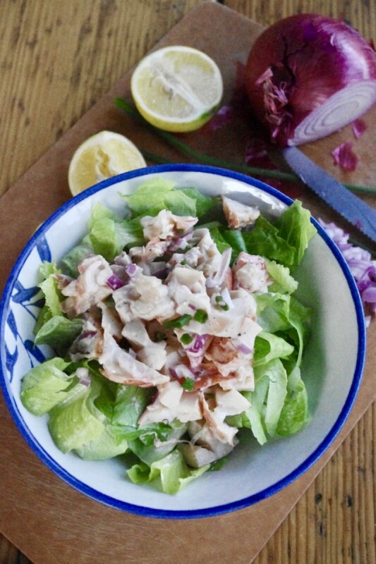 seafood salad on a bed of romaine lettuce with sliced lemon and purple onion on a cutting board