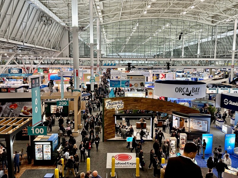 The floor of Seafood Expo North America teems with buyers and sellers of both wild and farmed seafood. Angela Coulombe photo.
