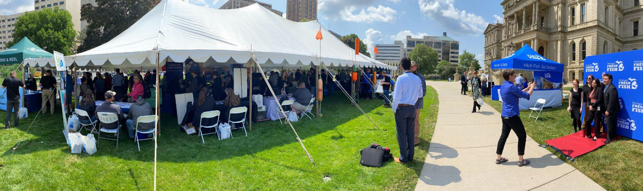 Panoramic view of the Mi Fresh Fish Expo on Michigan’s capitol lawn in Lansing, Michigan