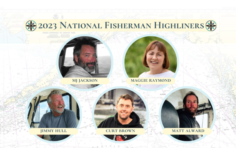 2023 National Fisherman Highliners- top from left to right- MJ Jackson, Maggie Raymond. bottom from left to right- Jimmy Hull, Curt Brown, Matt Alward