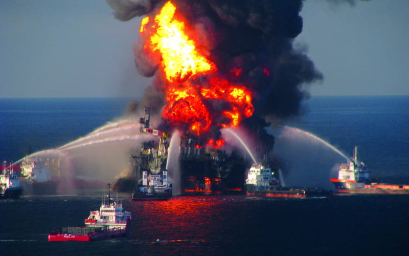 Offshore service vessels converge on the burning Deepwater Horizon in April 2010. Coast Guard photo.